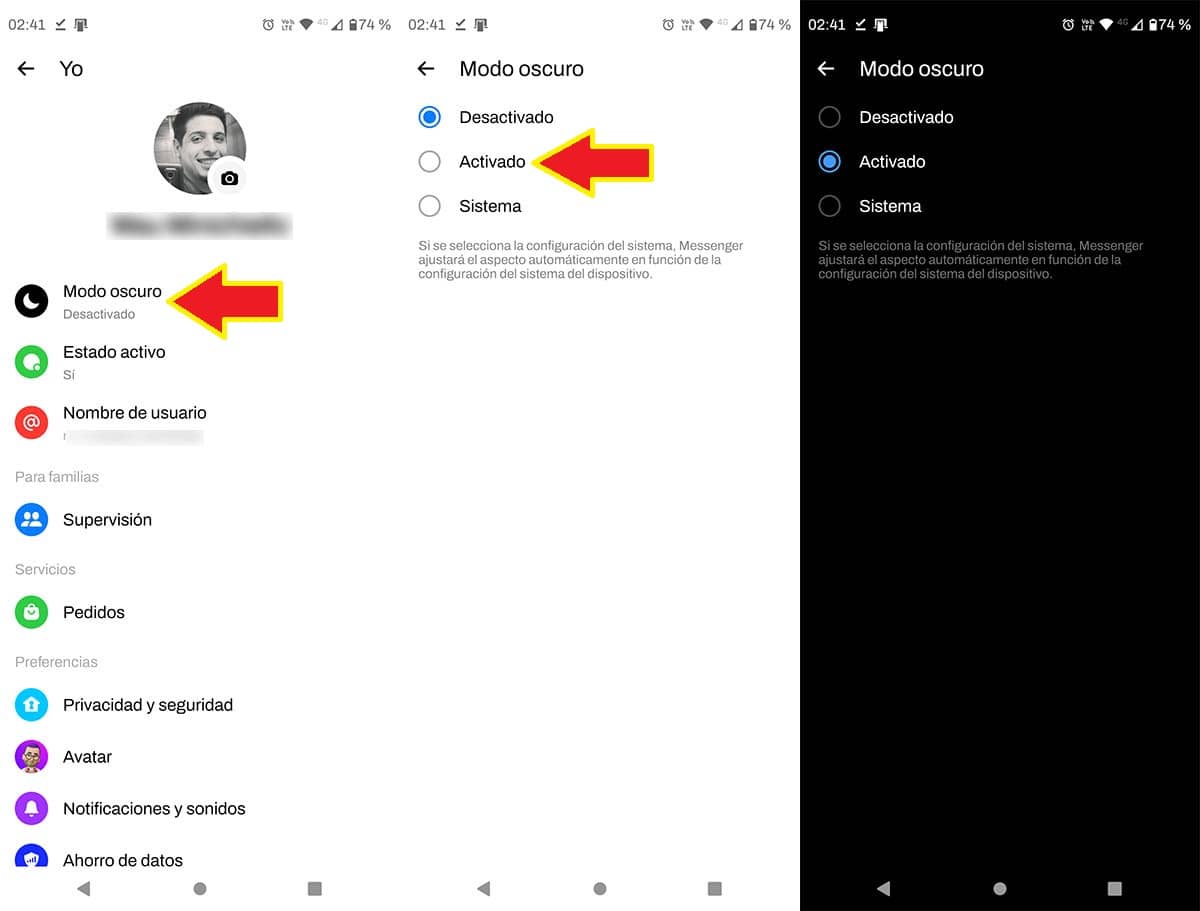 Activar el modo oscuro en Messenger para Android