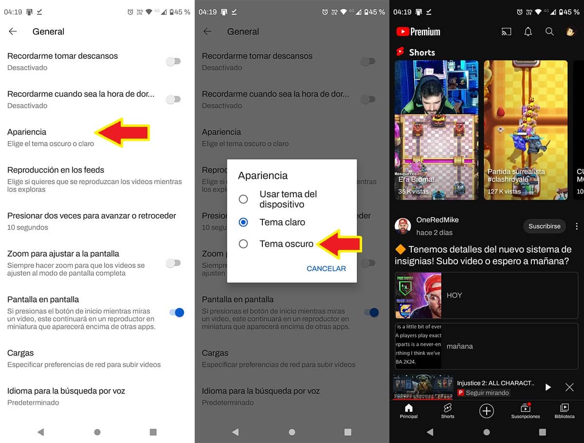 Activar tema oscuro en YouTube para Android