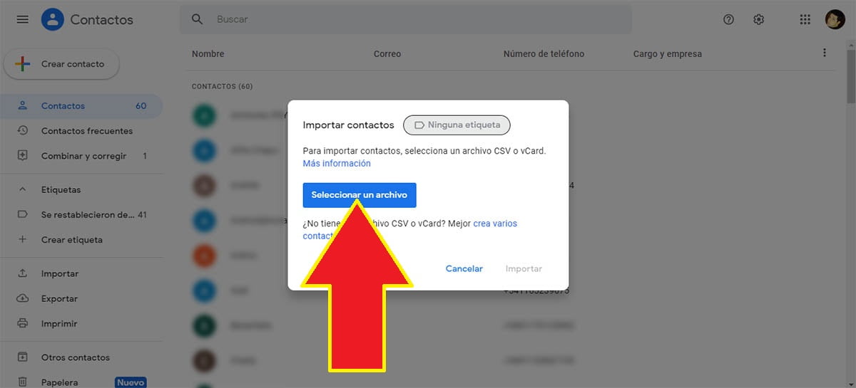 Seleccionar archivo contactos Gmail