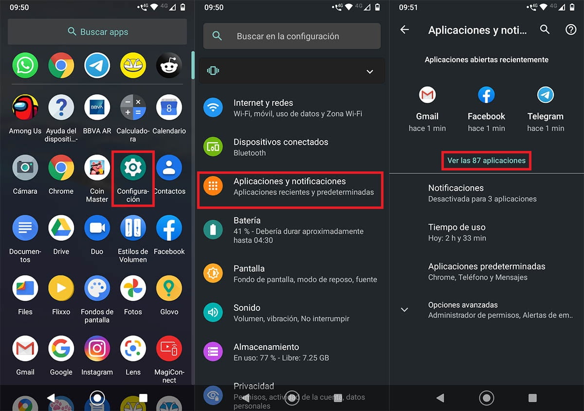 Entrar a aplicaciones y notificaciones Android