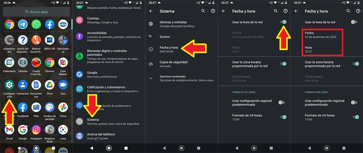 Cambiar fecha y hora en Android 10