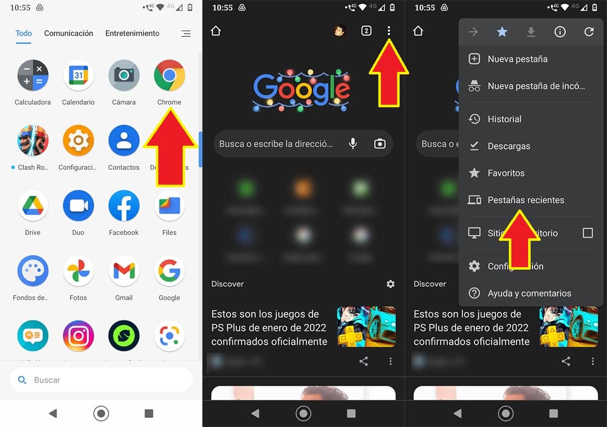 Pestañas cerradas recientemente Chrome Android