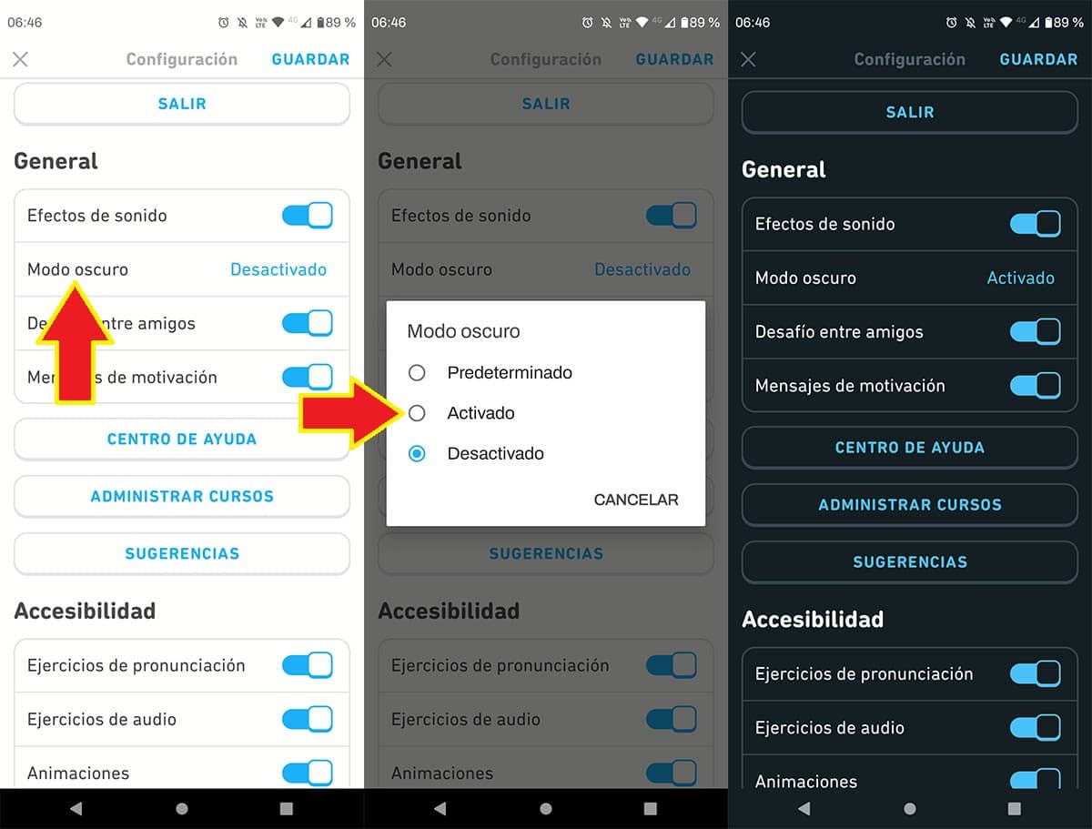 Activar modo oscuro Duolingo Android
