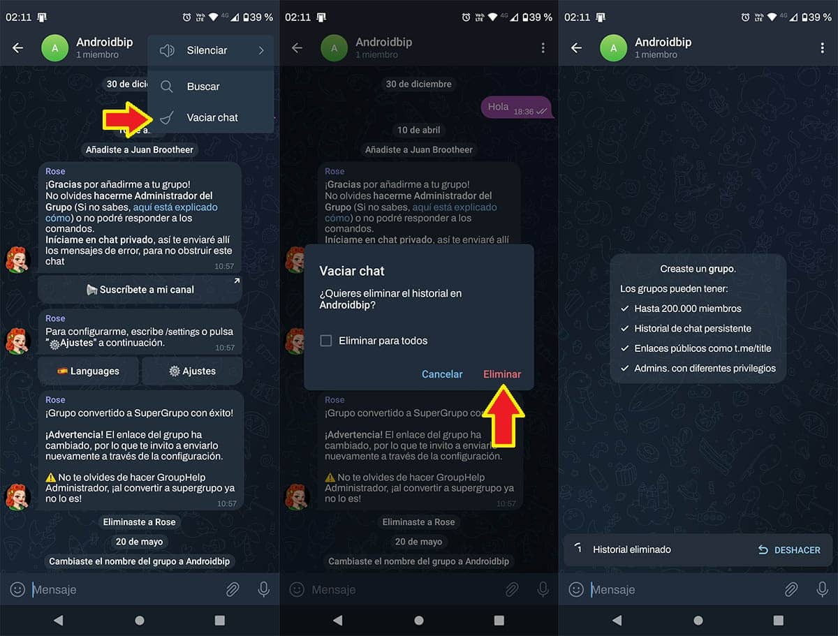 Vaciar chat de Telegram
