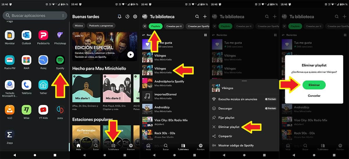 Eliminar lista de reproduccion de Spotify desde la app