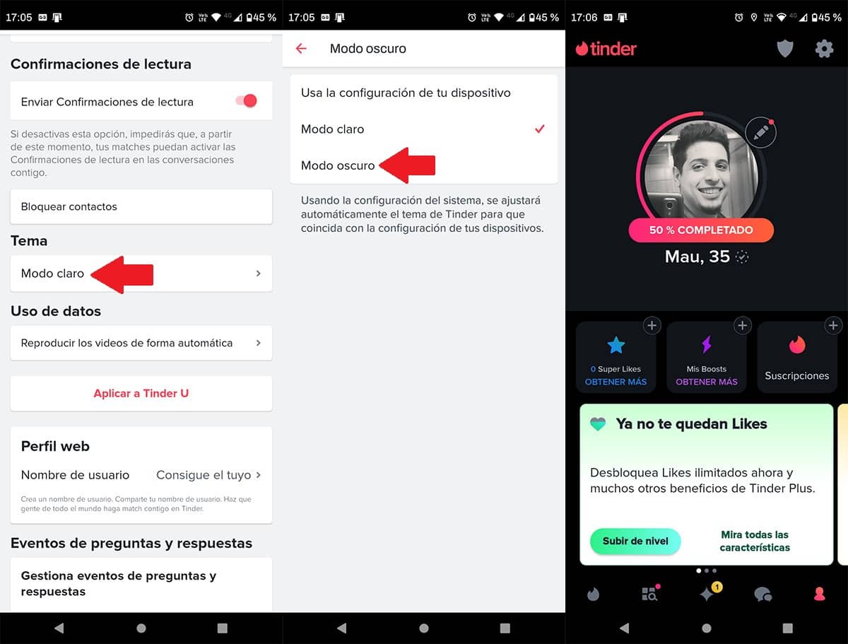 Activar tema oscuro Tinder movil