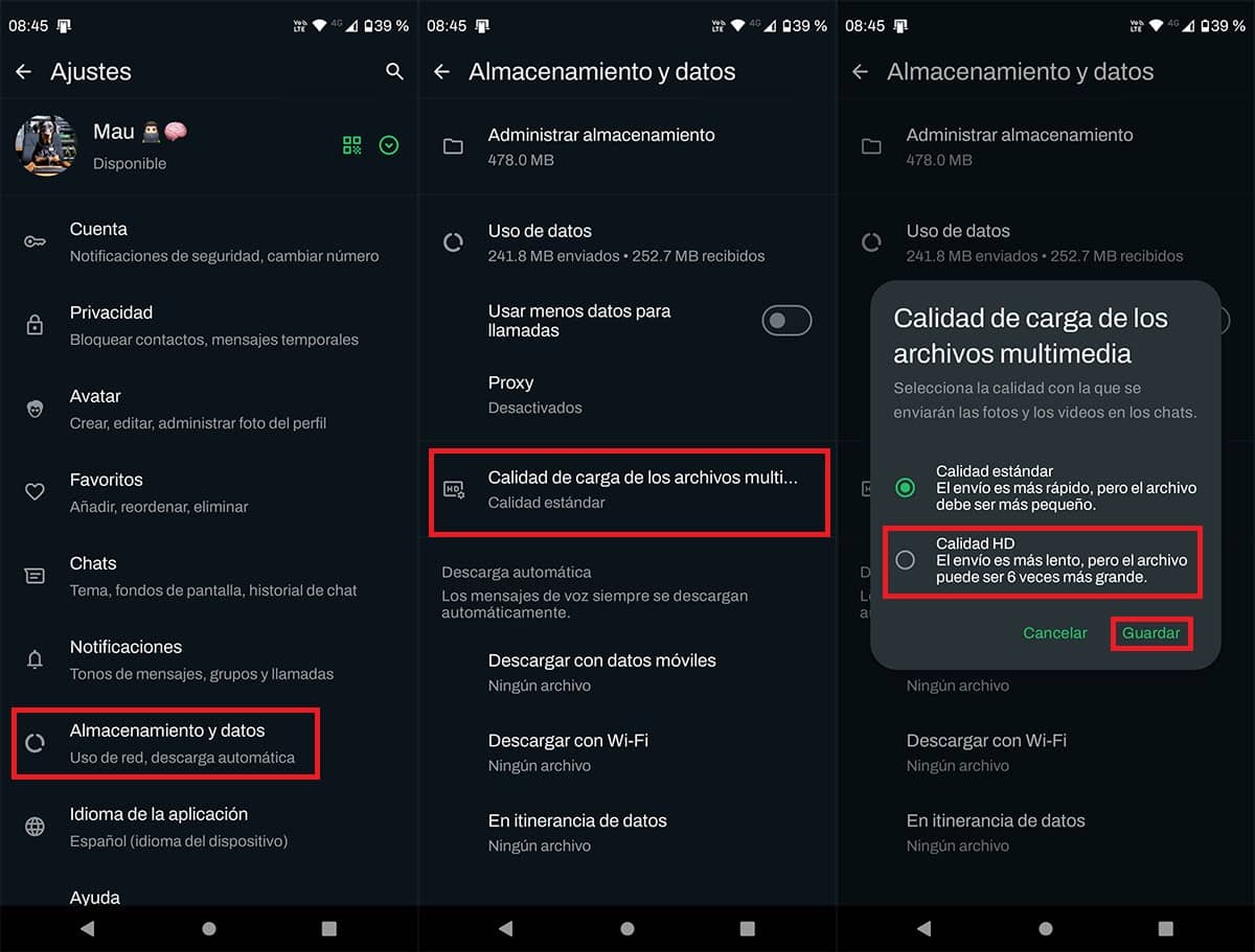 Cambiar calidad de carga de fotos y videos en WhatsApp