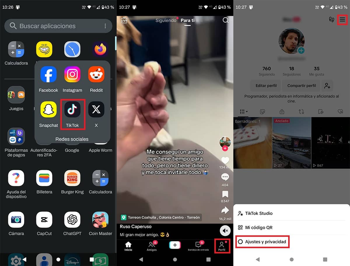 Ir a los ajustes de la app de TikTok en Android