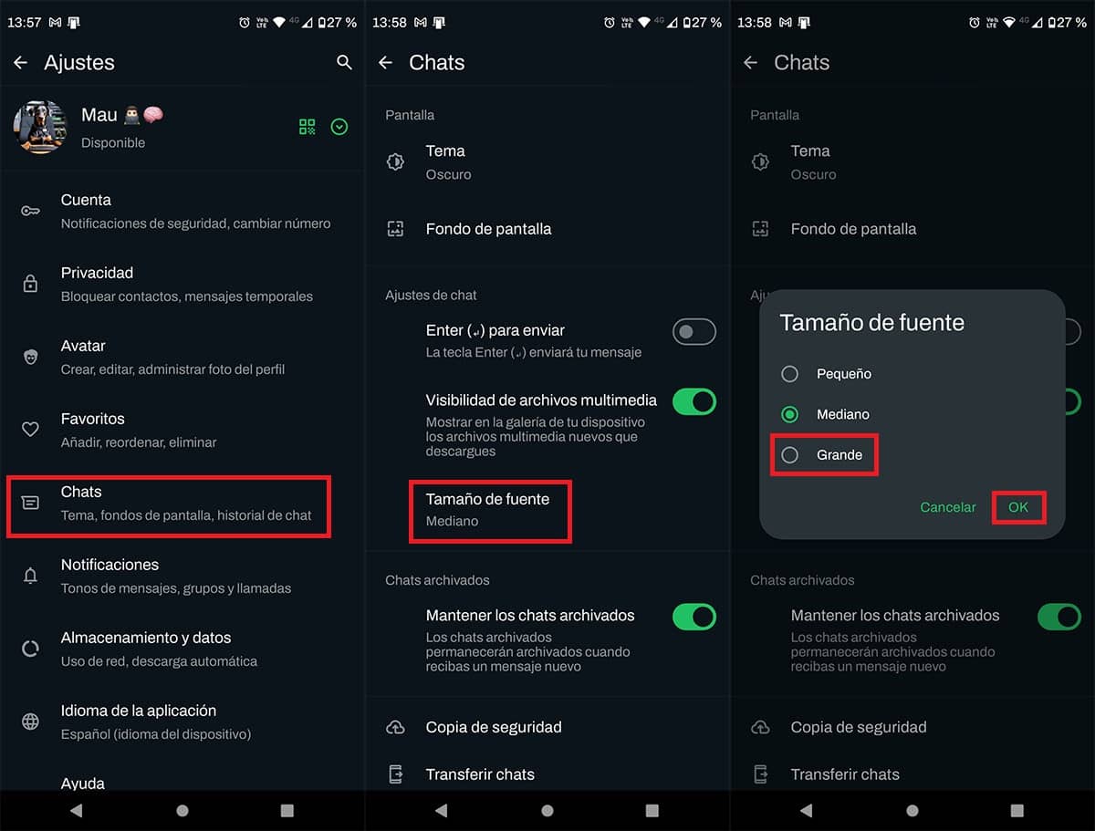 Cambiar el tamaño de la letra de WhatsApp