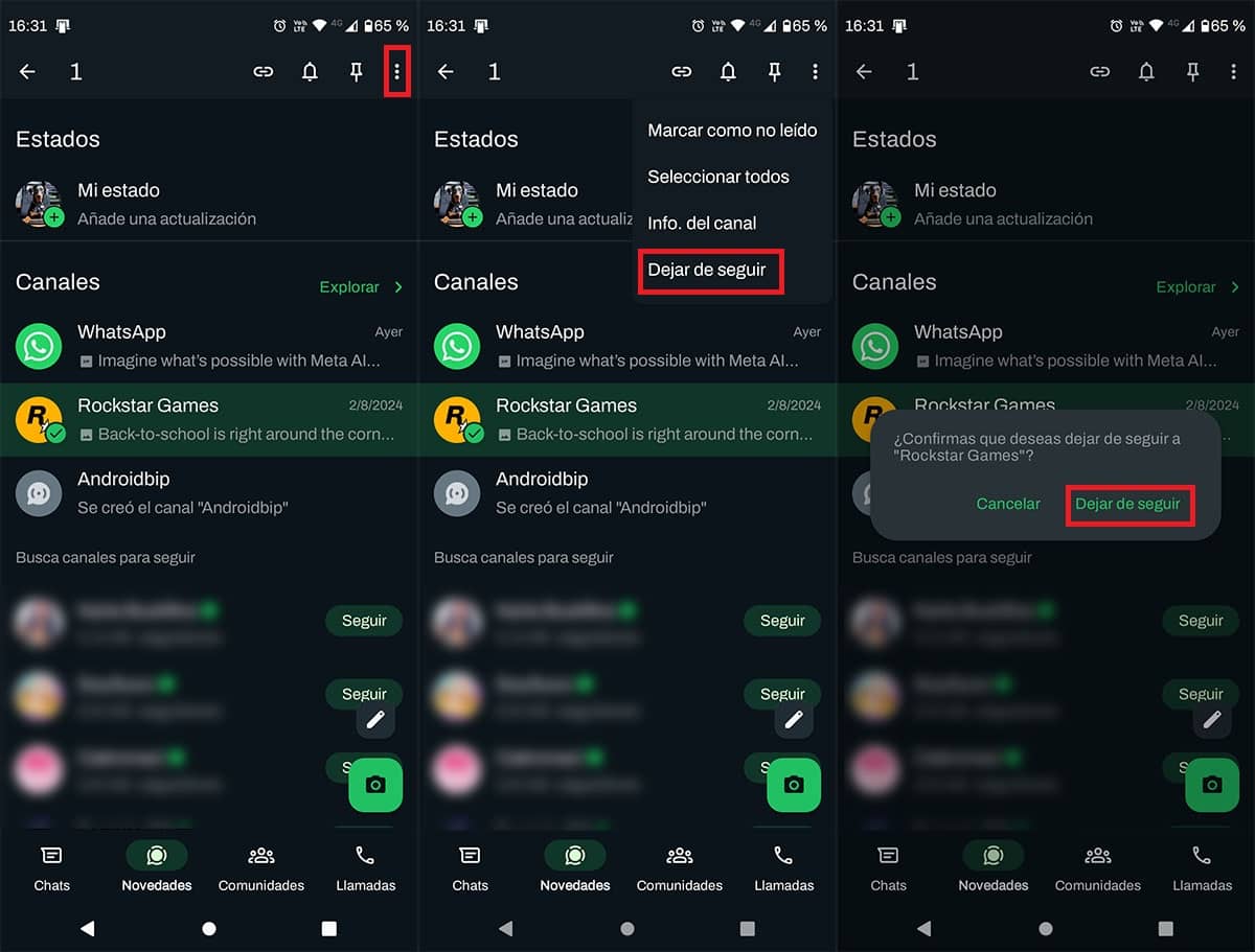 Dejar de seguir un canal de WhatsApp