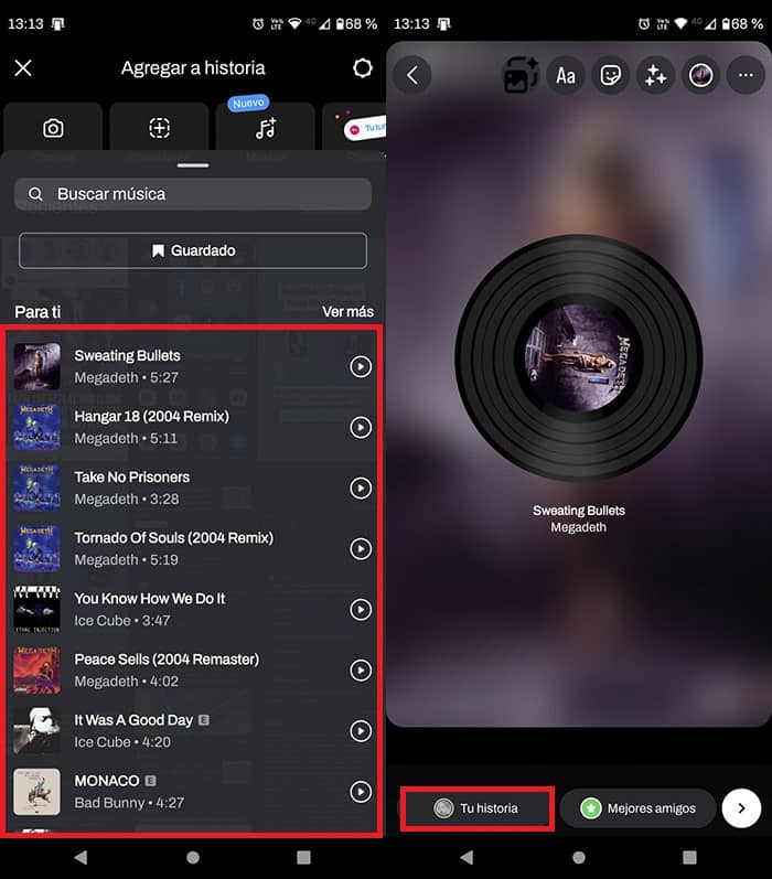 Seleccionar cancion y publicar historia de musica en Instagram