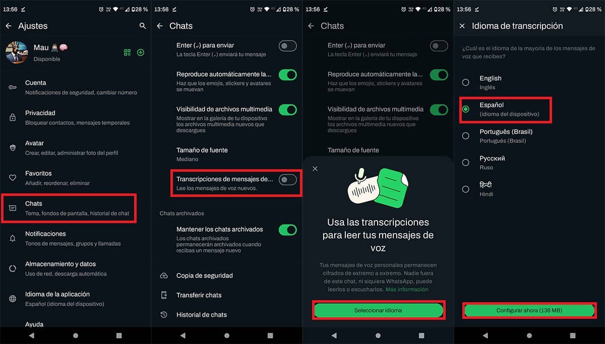 Activar transcripción de mensajes de voz WhatsApp